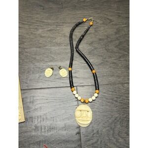 African Mask Bone Pendant Necklace Tribal Beaded Handcrafted 18" Signed